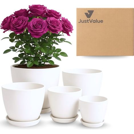Set de 5 pots de fleurs – Avec soucoupe – Trous de drainage – Blanc – Ø 12,2-18 cm – Intérieur/extérieur (1/5)