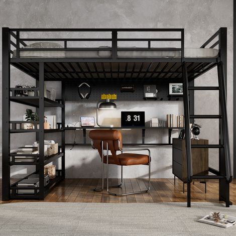 Letto a soppalco in metallo e legno nero 140x200 cm con ripiani, vano inferiore e porta di ricarica (1/5)