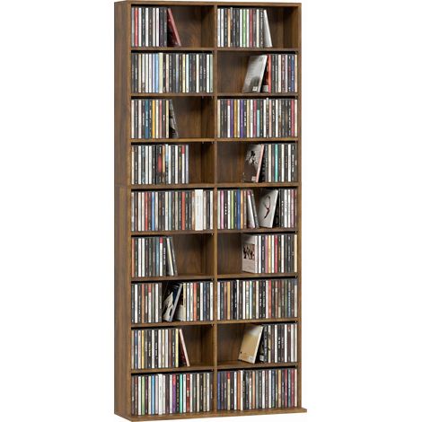 Rangements pour CD et DVD - HOMCOM - 18 compartiments - 640 CD/360 DVD/430 Blu-ray - panneau de particules - 78,5x24x175cm - noyer (1/5)
