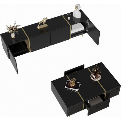 Meuble TV et table basse noir brillant, ensemble moderne avec rangements, portes à fermeture douce et détails dorés pour salon élégant - CHICFURN (1/5)