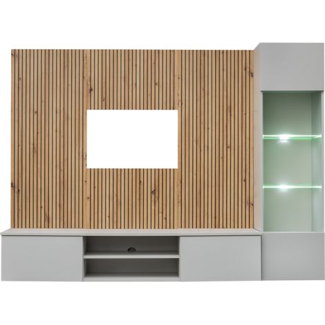 Ensemble meuble TV mural Xari L avec vitrine et éclairage LED - Bois MDF gris perle et chêne artisan - 200 x 148 x 35 cm - Livraison gratuite (1/5)