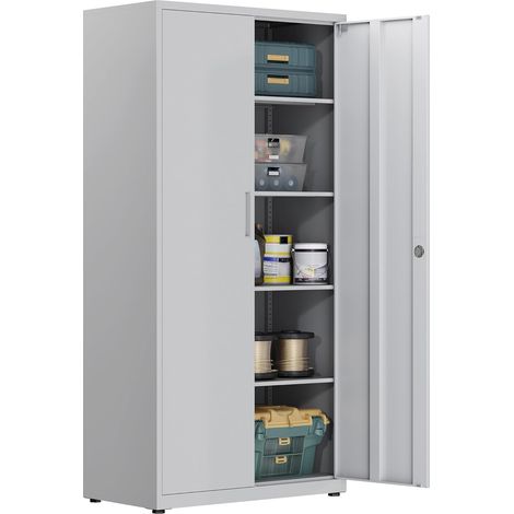 Armoire de Rangement en Métal, Armoire de Garage verrouillable avec 5 Étagères, de Bureau avec étagères Réglables, pour Le Bureau, Le Garage et la Buanderie, Blanc grisâtre (1/5)