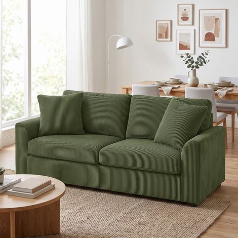 Canapé 3 Places 212 cm, 2 Coussins Ressorts, Velours Côtelé, Salon Chambre Bureau, Vert (1/5)