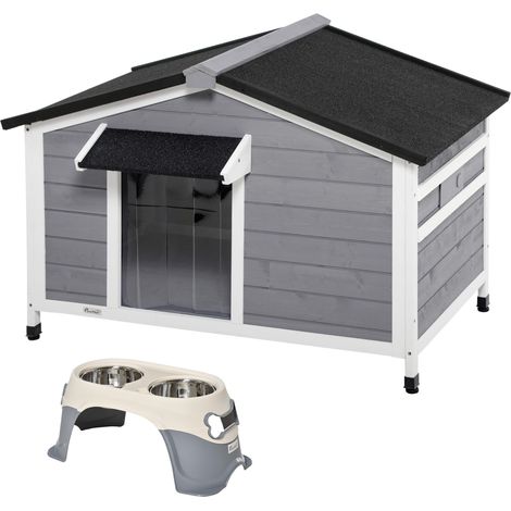 PawHut Set Cuccia per Cani in Legno e 2 Ciotole Rialzate in Acciaio e Plastica (1/5)