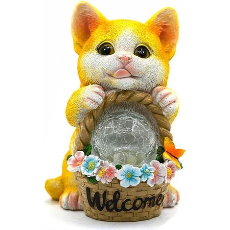 Statue d'animal solaire pour cour extérieure, ornements de jardin, artisanat en résine, simulation de chaton (1/5)
