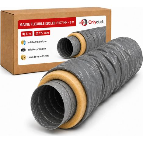 Gaine VMC Isolée 125mm 6m - Laine de Verre 25mm - PVC Sans Phtalate - Conduit Flexible Simple et Double Flux - Tuyau Ventilation Qualité Européenne (1/5)