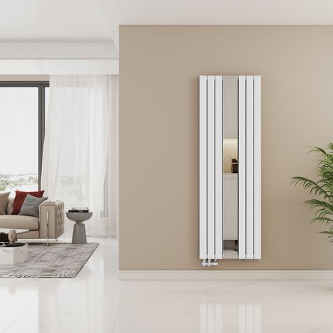 EMKE Radiateur Vertical avec Miroir Intégré 1800×608 mm Blanc, Radiateur Design Chauffage Central à Eau 1788W, Raccordement Central Bas