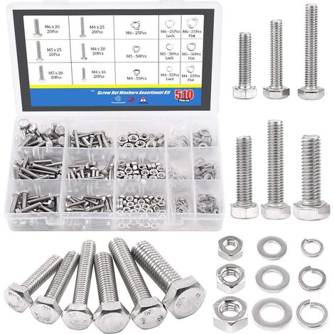 Coffret de Boulons Inox 304 510 Pièces, Vis à Tête Hexagonale avec Écrous, Rondelles Plates et Rondelles Ressort, Assortiment de Boulons Hexagonaux Multi-Tailles, Kit de Visserie Inox pour Meuble, Rép (1/5)