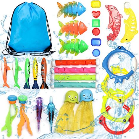 Lot de trente jouets de piscine avec filet de rangement pour enfant quatre à douze ans accessoire de plongée pour été et piscine (1/5)