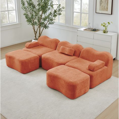 Canapé modulare a U in velluto arancione con 2 pouf, seduta profonda e struttura senza telaio (1/5)