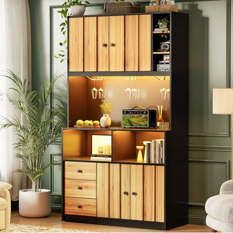 Aparador de cocina con iluminación LED RGB, puertos de CA y USB, 4 puertas y 3 cajones, MDF negro y natural, 100x40x180 cm (1/5)