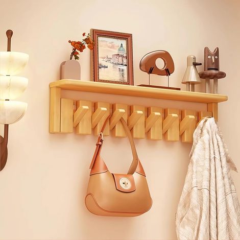 Porte-Crochet Mural 8 Crochets en Hêtre Peint Style Touche de Piano, Porte-Manteaux en Bois Solide Naturel avec Porte-Serviettes en Tissu Non Tissé, pour Dressing, Cuisine, Chambre, Salle de Bain & En (1/5)