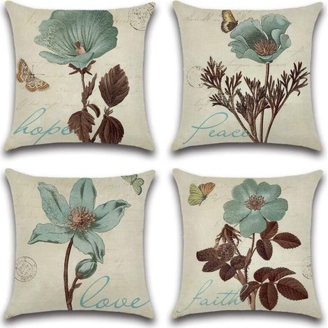 Lot de 4 - Taies d'oreiller Polyester Lin Taies d'oreiller Housse de Coussin Décoration pour Chambre Lit Voiture De La Maison Canapé 45 x 45 cm (Fleurs A) (1/4)