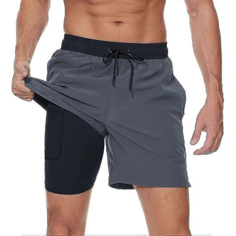 Short de bain homme avec doublure de compression et séchage rapide - Short de plage/surf avec poches zippées pour homme Black-grey-XXL (1/5)