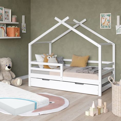 Lit cabane Luni, Blanc, 160 x 80 cm avec lit d'invité extensible et matelas, Vitalispa (1/5)