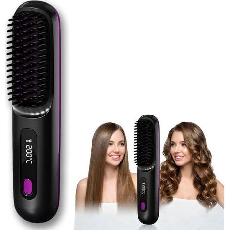 Kabelloser Haarglätter – Glättungskamm – Heizbürste – Trockenbürste – MCH-Keramikheizung – Negative Ionen – Drei Temperaturstufen – USB-aufladbar – Schwarz (1/5)