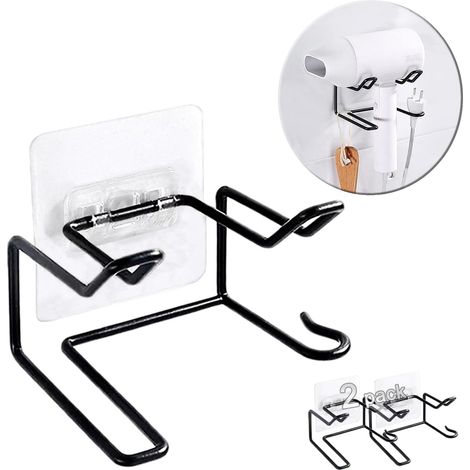 Lot de 2 supports muraux pour sèche-cheveux, auto-adhésifs et étanches, pour fer à friser et lisser (noir) (1/5)