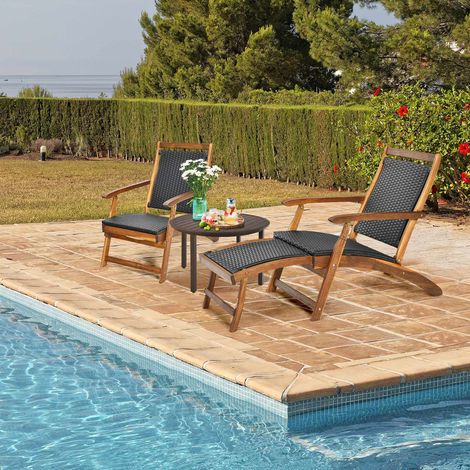 Patio Folding Rattan Lounge Chair - Acacia Frame, Footrest (1/5)