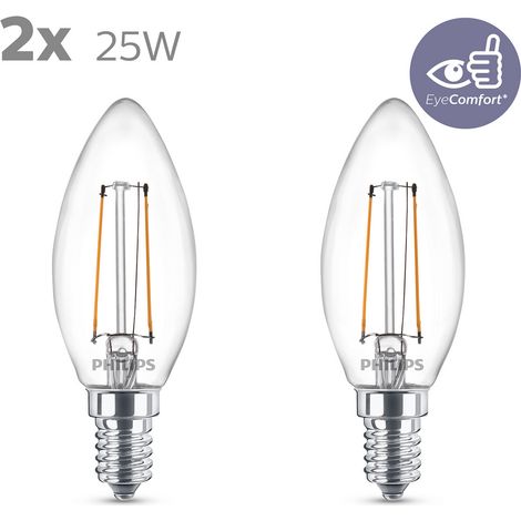 PHILIPS LED CLASSIC BOMBILLA, 25 W, VELA FILAMENTO E14, TRANSPARENTE, LUZ BLANCA CÁLIDA, NO REGULABLE, PACK DE 2 UNIDADES (1/5)