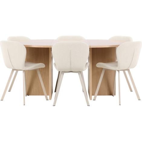 Strada Essgruppe Ausziehtisch Ø120cm, 170cm und 6 Stühle whitewash, beige.