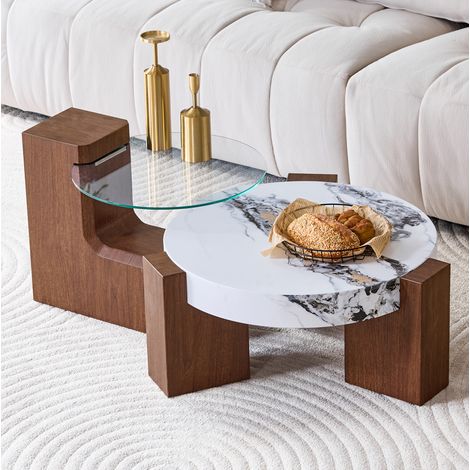 Couchtisch-Set 2-teilig trennbar Glas MDF Nussbaumoptik OKMYHOME (1/5)
