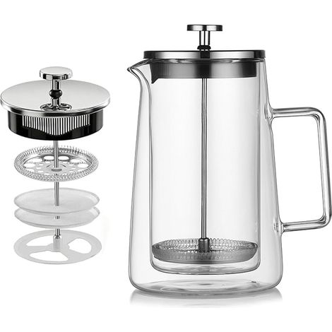 1-Liter-French-Press mit doppelwandigem Thermodesign aus Glas, hitzebeständige Kaffeepresse mit 4-stufiger Filterung, Glaskanne für Kaffee und Tee (1/5)