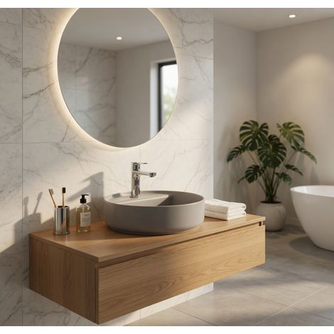 Lavabo tondo da appoggio senza troppo pieno in ceramica con foro rubinetto - Grigio Pietra Opaco