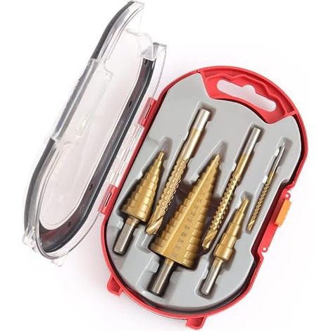Set di 6 punte da trapano a gradini in HSS con rivestimento in titanio per lavorazione di metalli, legno e foratura (3 punte a gradini e 3 punte elicoidali). (1/5)