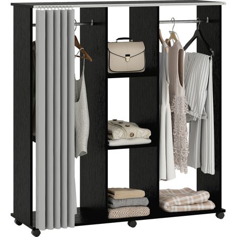 Armoire Josselin Penderie Mobile 2 Tringles Étagères Rideau Noir Gris Effet Bois