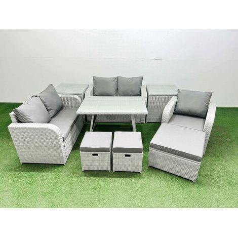 Fimous 8 Seater Outdoor Rattan Garden Furniture Set Love Sofa Reclining Chair Set with Rectangular Dining Table 2 Side Tables 3 Footstools Light Grey (1/4)
