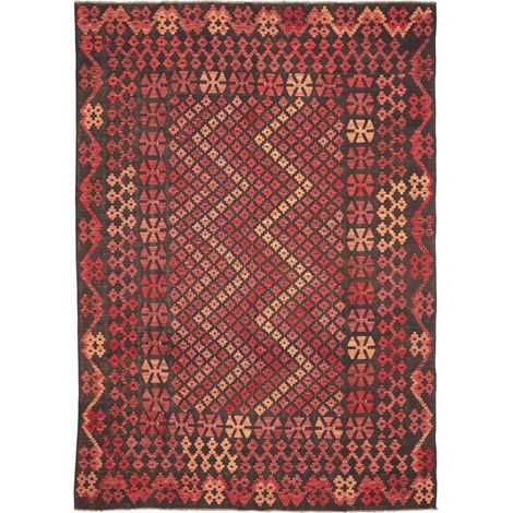 Tapis kilim, 207 x 292 cm, géométrique, rouge, beige et noir, en pure laine naturelle, tissé plat, fabriqué au Pakistan (1/5)