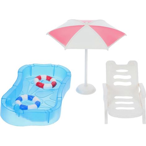 Mini piscine rose pour maison de poupée, décor compatible, 1 ensemble avec chaise et parasol de plage (1/5)