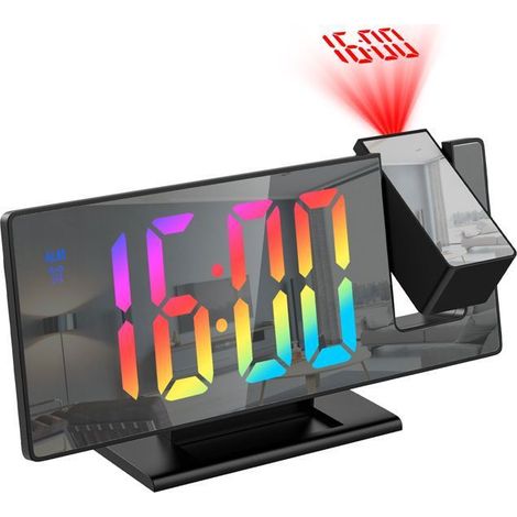 Réveil à projection de Miroir LED, Grand écran de 7,8 po, 4 niveaux de luminosité, Snooze, Alarme jour de travail - Police Colorée (1/5)
