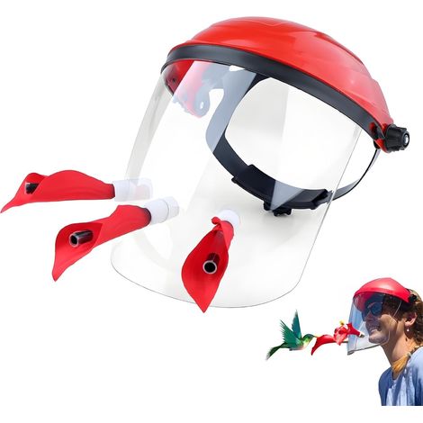 Kolibri-Futterhut-Maske  Freihändiges Design im Helmstil  3 auslaufsichere Anschlüsse und verstellbares Kopfband  Leichtes PVC für die Vogelbeobachtung im Freien und mit Eltern und Kindern  Rot