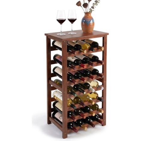 Relaxdays Weinregal, 28 Flaschen, Walnussholz, 94x47x26 cm, Weinhalter für Rot- & Weißwein, Flaschenregal, dunkelbraun