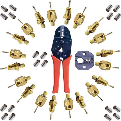 Kit de Sertissage SMA RG58 avec 20 Connecteurs Plaqués Or (10 Mâles + 10 Femelles) – Pince à Sertir Coaxiale à Cliquet et Matrice Interchangeable pour Antenne WiFi, TV, GPS, Routeur, Radioamateur (1/4)