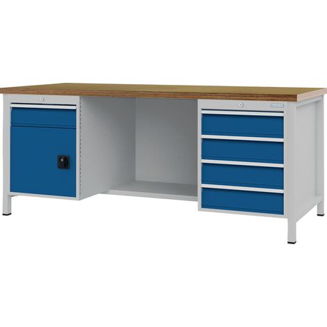 Banco da lavoro blu segnale grigio chiaro B2000xH859xT750mm faggio multistrato 40mm 5 cassetti 1 anta
