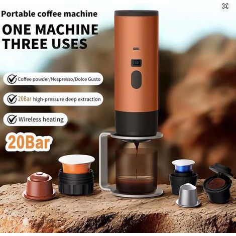 Macchina da caffè portatile 3 in 1 con tazza - 1 tazza - Arancione - Ricaricabile, ideale per i viaggi - Macchina per caffè espresso da 12 V per capsule e caffè macinato - Campeggio, viaggi, vacanze, 
