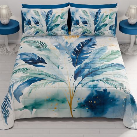 Couvre-lit d'été 220x260 cm 100 g/m² Double Face, Couette légère pour lit Une Place et demie, Printemps, Modèle Palmier Bleu, 100% Fabriqué en Italie (1/2)