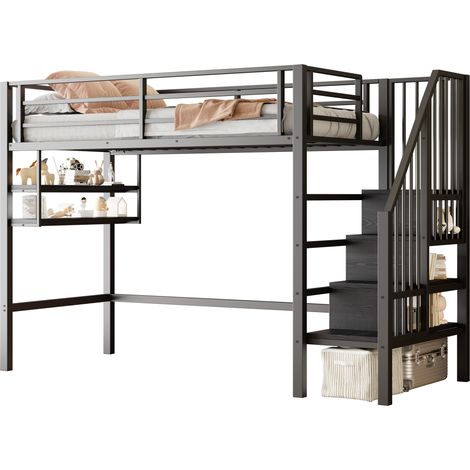 Cama alta Cama Individual con Estantes, Escalera con Almacenaje y Barandilla 90 x 200 cm, sin Colchón (1/5)
