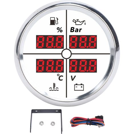 Indicatore digitale 4 in 1 da 52 mm in acciaio inox 316L IP67 per barche e camper: livello carburante, pressione olio, temperatura acqua, tensione. (1/5)