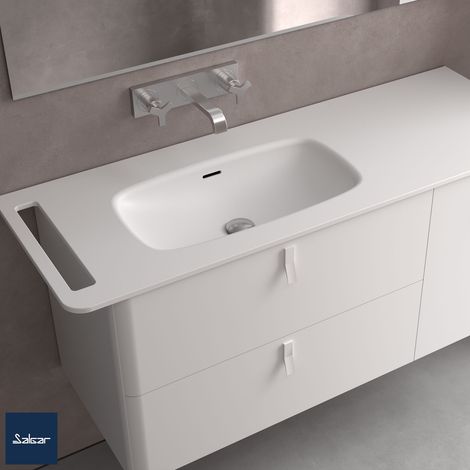 Salgar Waschtisch UNIIQ 990 rechts Wasserhahn optional, Handtuchhalter optional, ohne Siphon und Clickerabfluss SOLID SURFACE WEIß MATT 990 x 12 x 460 mm (1/5)