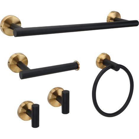 Juego de cinco piezas de accesorios de baño, fabricados en acero inoxidable negro mate y dorado cepillado. (1/4)