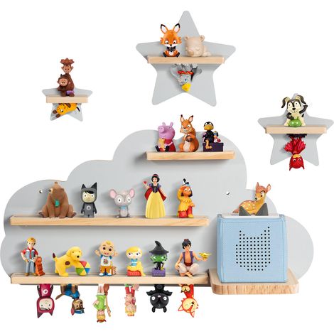 Todeco – Étagère murale pour Tonie Box – Capacité 20-25 figurines – Design nuage gris avec étoiles – Installation rapide et sécurisée (1/5)