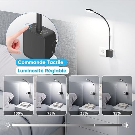 Bedside Wall Lamp Reading LED Dimmable Touch Black on Electric Socket for Bedroom, Kitchen, Living Room, Two Touch Switches, 3 Colour Modes Lighting (1/4)