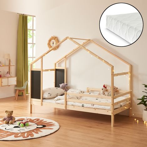 Cama infantil Lorenskog en forma de casa con colchón 90x200cm Natural [en.casa]