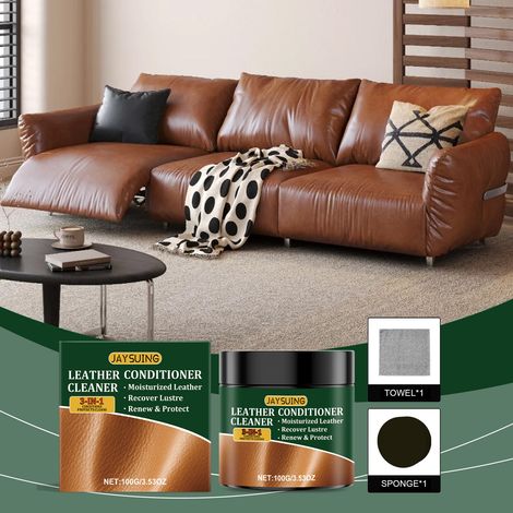 Kit d'entretien du cuir pour canapés - Entretien quotidien, nettoyage et rénovation - 100 g + Éponge + Serviette (1/5)