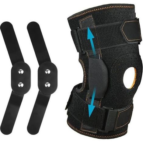Gelenkige Knieorthese mit verstellbarem, offenem Patelladesign zur Linderung von Knieschmerzen, mit parallelen Gurten und beidseitigen Stabilisatoren, geeignet für Patienten mit Arthritis. (1/5)