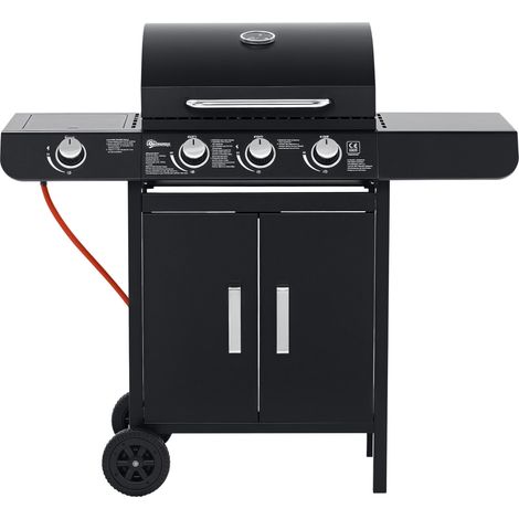 Barbecue à gaz avec 3 brûleurs principaux et 1 brûleur latéral, grille de rangement, acier inoxydable, noir, dimensions : 110 x 50 x 100 cm (1/5)