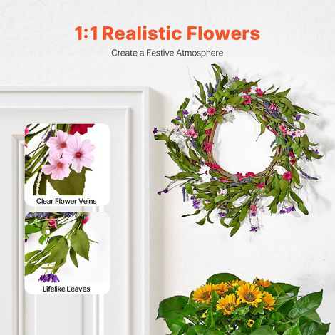 Couronne décorative artificielle 55,88 cm, couronne de fleurs artificielles, rose vert, décorée de marguerites, gypsophile, bourgeo… (1/5)